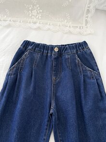 SHEIN 青少年女孩深藍色牛仔寬鬆錐形長褲 2026秋冬款 可愛Y2K百搭萬聖節新年穿搭 - 藍色 - 查看 6
