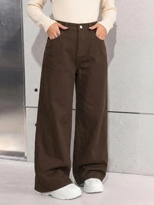 SHEIN 青少年女孩休閒百搭牛仔寬鬆闊腿長褲，附口袋 - 棕色 - 查看 8