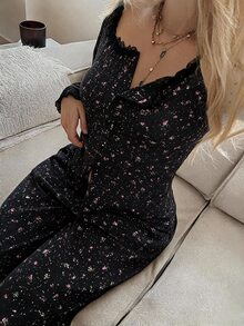 Livesso 2pcs/Set Sweet Floral Lace Collar Women's Pajama Set Fall - Black - View 4
