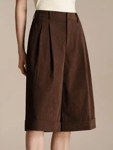 Anewsta Essential Anewsta Modern Autumn/Winter Versatile Brown Corduroy Loose Three-Quarter Length Shorts For Women - Brown - View 6