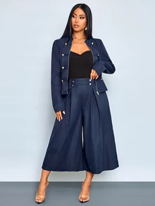 SOLERSUN Women's Vintage Military Two Pieces Suit, Napoleon Inspired Cropped Jacket And High Waist Wide Leg Pants Set With Gold Button Accents - Blue - View 5