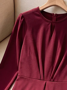 Rusticease Middle-Aged Women Solid Color Pleated Casual Party Dress - Burgundy - View 4