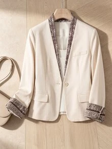 Rusticease Áo blazer nữ thanh lịch phối màu patchwork phong cách công sở - Màu Khaki - Xem 1