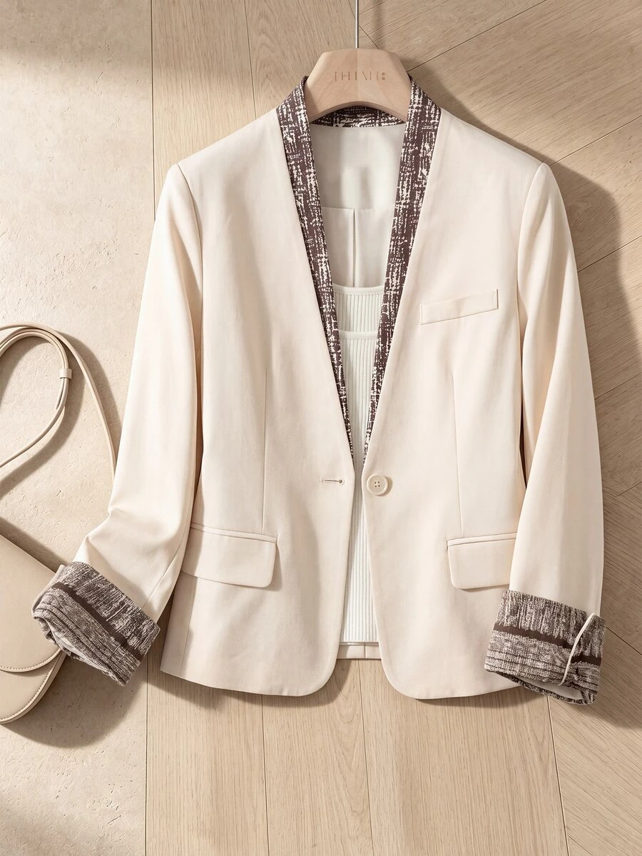 Rusticease Áo blazer nữ thanh lịch phối màu patchwork phong cách công sở - Màu Khaki - Xem 1