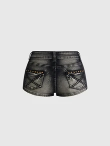 ROMWE Grunge Punk Celana Pendek Denim Hitam & Abu-abu Wanita, Gaya Street Punk dengan Hiasan Paku Keling, Vintage Retro, Dapat Dipersonalisasi - Hitam - View 2