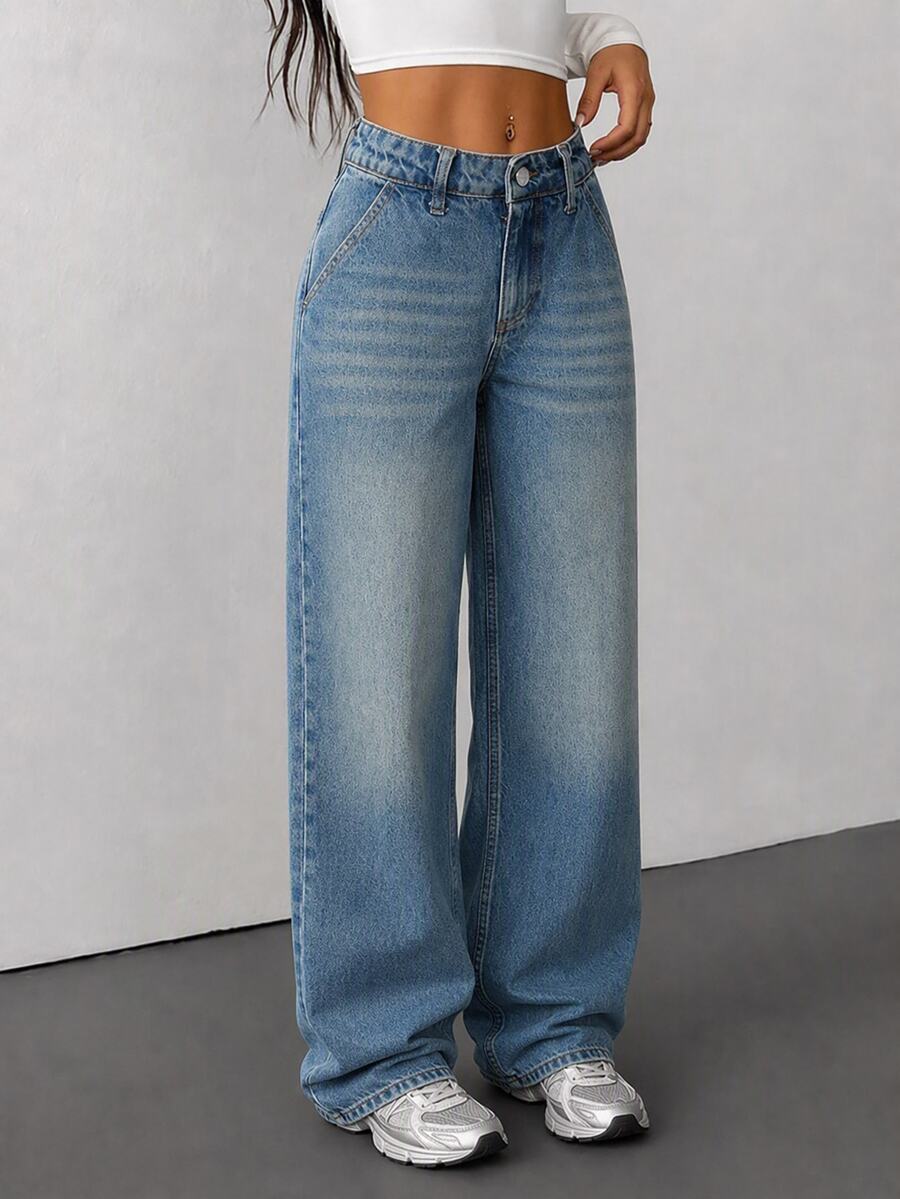SHEIN PETITE بنطلون جينز كاجوال نسائي أزرق داكن مغسول بساق واسعة مقاس صغير - أزرق داكن - مشاهدة 1