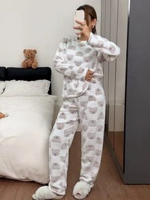 Napfluff Women's Cute Bear Soft Plush Long Sleeve & Long Pants Pajama Set - White - View 4
