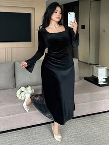 Dazy Plus Velvet Fitted Elastic Bodycon Elegant Banquet Contrast Lace Mermaid Dress Spring/Autumn New Style - Black - View 4
