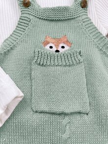 SHEIN رومبير محبوك بتصميم جيب مطرز برسمة ثعلب كرتوني لحديثي الولادة - أخضر - مشاهدة 6