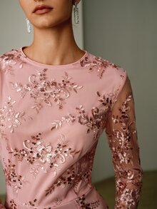 ZEYLAH Gaun Pesta Wanita Elegan dengan Motif Bordir Bunga Payet yang Menekan Pinggang - Berwarna merah muda - View 2