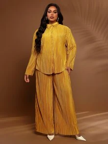 BrightlyHer Plus Size Solid Textured Lapel Long Sleeve Button Front Shirt And Pants Two Pieces Set Fall Winter 2026 - Yellow - View 6