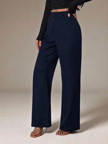 SHEIN PETITE Women's Solid Color Casual Versatile Daily Wear Suit Pants - Navy Blue - View 4