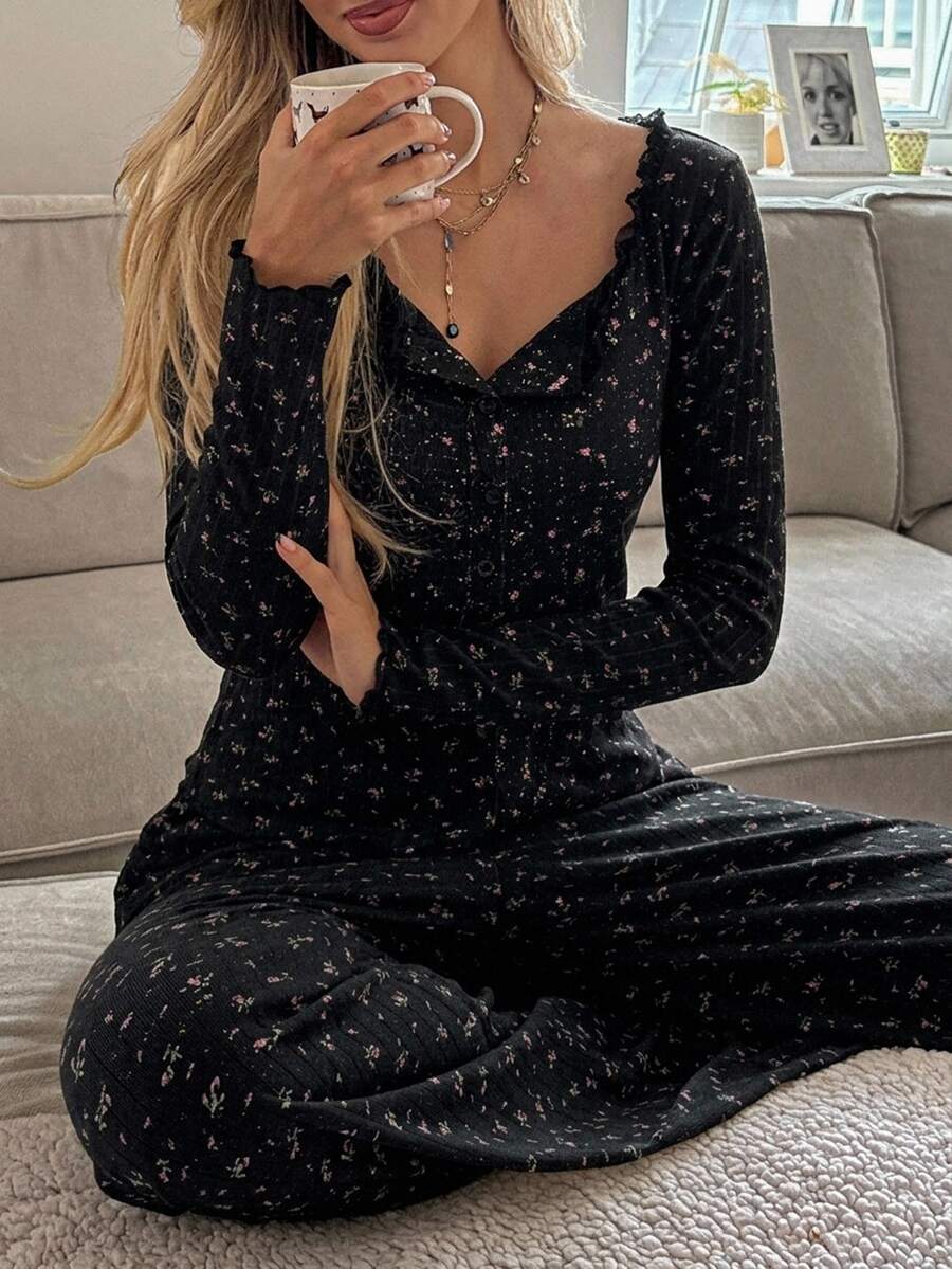 Livesso 2pcs/Set Sweet Floral Lace Collar Women's Pajama Set Fall - Black - View 1