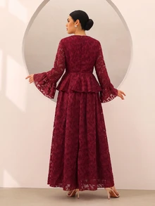 Graceveil Elegant 3D Floral Cut-Out Hem Flared Sleeve Cinched Waist Top And Full Skirt Set For Autumn/Winter Party - Red - View 2