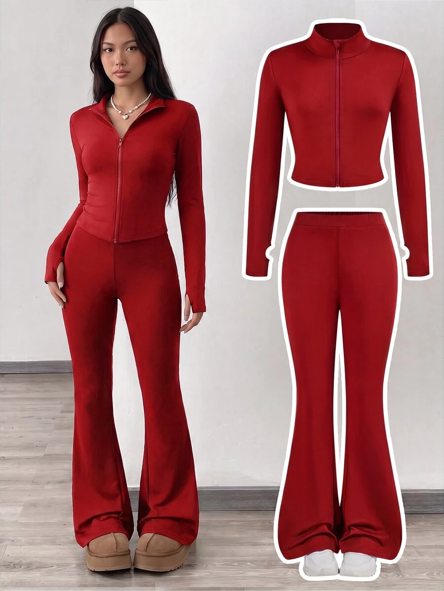 SHEIN Girlism NovaGlow Tween Girl Tween Girl Sporty Casual Daily Knit Solid Color Cardigan Jacket & Flared Long Pants Set - Red - View 1