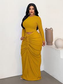 Maweii Plus Size Sexy Fitted Ruched Skirt 2 Pieces Set For Vacation Beach - Yellow - View 1