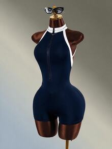 Amplova Backless Halter Neck Fitted Athletic Romper - Navy Blue - View 3