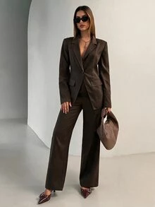 Aloruh 女款純色翻領長袖夾克與長褲休閒套裝 - 咖啡棕 - 查看 8