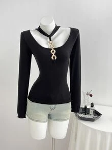 Elamini Women's Metal Decor Long Sleeve Fitted Elegant Sweater - Black - View 4