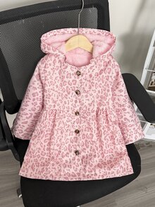 SHEIN 女童粉色豹紋連帽保暖內裡中長版外套，小女孩鈕扣開襟抓皺加厚夾克，秋冬款 - 粉色 - 查看 6