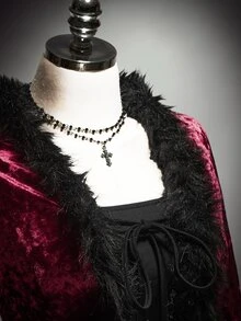 SHEIN ICON Plus-Size Black Y2K-Style Velvet Cropped Jacket With Faux Fur Trim And Lace-Up Detail Halloween Outfit - Burgundy - View 9