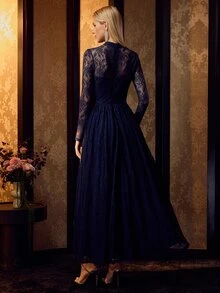 MOTF PREMIUM WOMEN'S ELEGANT MOCK NECK LONG SLEEVES LACE MAXI GOWN FOR FORMAL EVENING PARTY, WEDDINGS, GALAS - Navy Blue - View 3