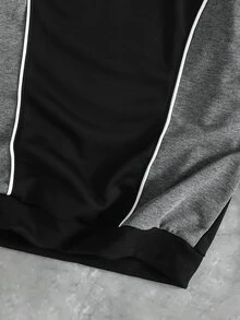 SHEIN 青少年男孩科技圖案對比滾邊套頭運動衫，青少年男孩黑灰拼接秋冬運動衫，秋季穿搭，秋季套頭衫 - 黑色 - 查看 4
