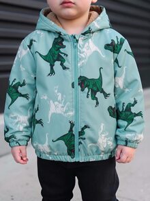 SHEIN 兒童 1件 小男孩卡通恐龍圖案長袖前開拉鍊保暖內裡連帽外套 - 彩色 - 查看 4