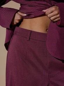 SHEIN BAE Women's Elegant Ruched Waist Long Sleeve Jacket And Striped Pants Suit Set - Burgundy - View 7