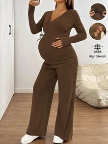 SHEIN 孕婦純色長袖T恤與可調腰長褲休閒哺乳兩件套 - 咖啡棕 - 查看 6