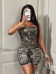 BamGleam 女款戶外街頭風彈性迷彩做舊毛邊細肩帶抹胸軍綠色牛仔吊帶褲 - 軍綠色 - 查看 1