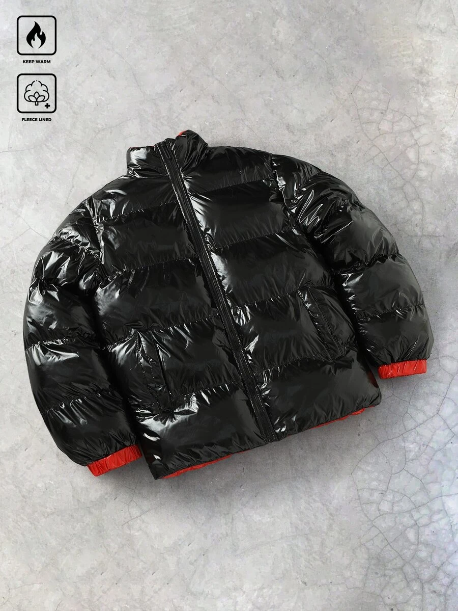 Manfinity Roghcode Long Sleeve Zipper Pocket Contrast Color Padded Coat, Autumn/Winter, Gift For Friends - Black - View 1