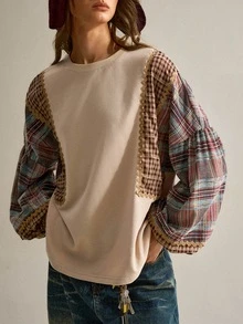 SHEIN Sweatshirt Patchwork Kotak-kotak Bergelombang Warna Aprikot | Kain Katun Nyaman | Model Longgar Vintage | Pakaian untuk Perjalanan Sehari-hari - Coklat - View 6