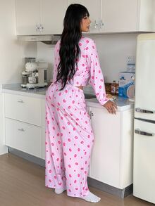 ZzzCrew Plus Size Fitted Jacquard Heart & Lip Print Open Front Tie Front Long Sleeve Pants Pajama Set - Pink - View 2