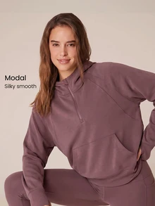 GLOWMODE Áo nỉ tay dài form rộng nửa khóa kéo chất modal mềm mịn như lụa cho xuân hè - Màu tím - Xem 1