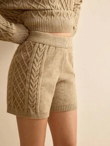 MOTF PREMIUM WOMEN'S 2-PIECES SET AUTUMN/WINTER SOLID COLOR DROP SHOULDER LOOSE CABLE KNIT SWEATER AND KNIT SHORTS - Khaki - View 7