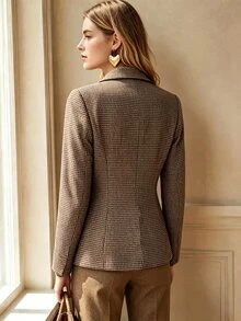 SHEIN Women's Vintage Velvet Houndstooth Lapel Single-Breasted Blazer, Contrast Color Design, Versatile Jacket For Spring, Autumn, Winter, Suitable For Office, Commuting And Other Occasions - Khaki - View 2