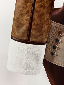 Amplova PU Composite Faux Fur Cropped Waist Jacket, Retro Dropped Shoulder, Autumn/Winter - Brown - View 8