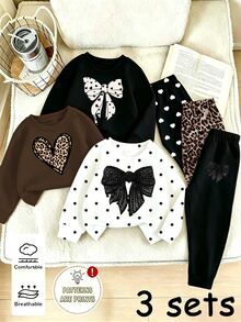 (3 Sets) Autumn/Winter Girls Toddler Fresh Bow Leopard Heart Polka Dot Pattern Crew Neck Sweatshirt & Leggings Set - Multicolor - View 3