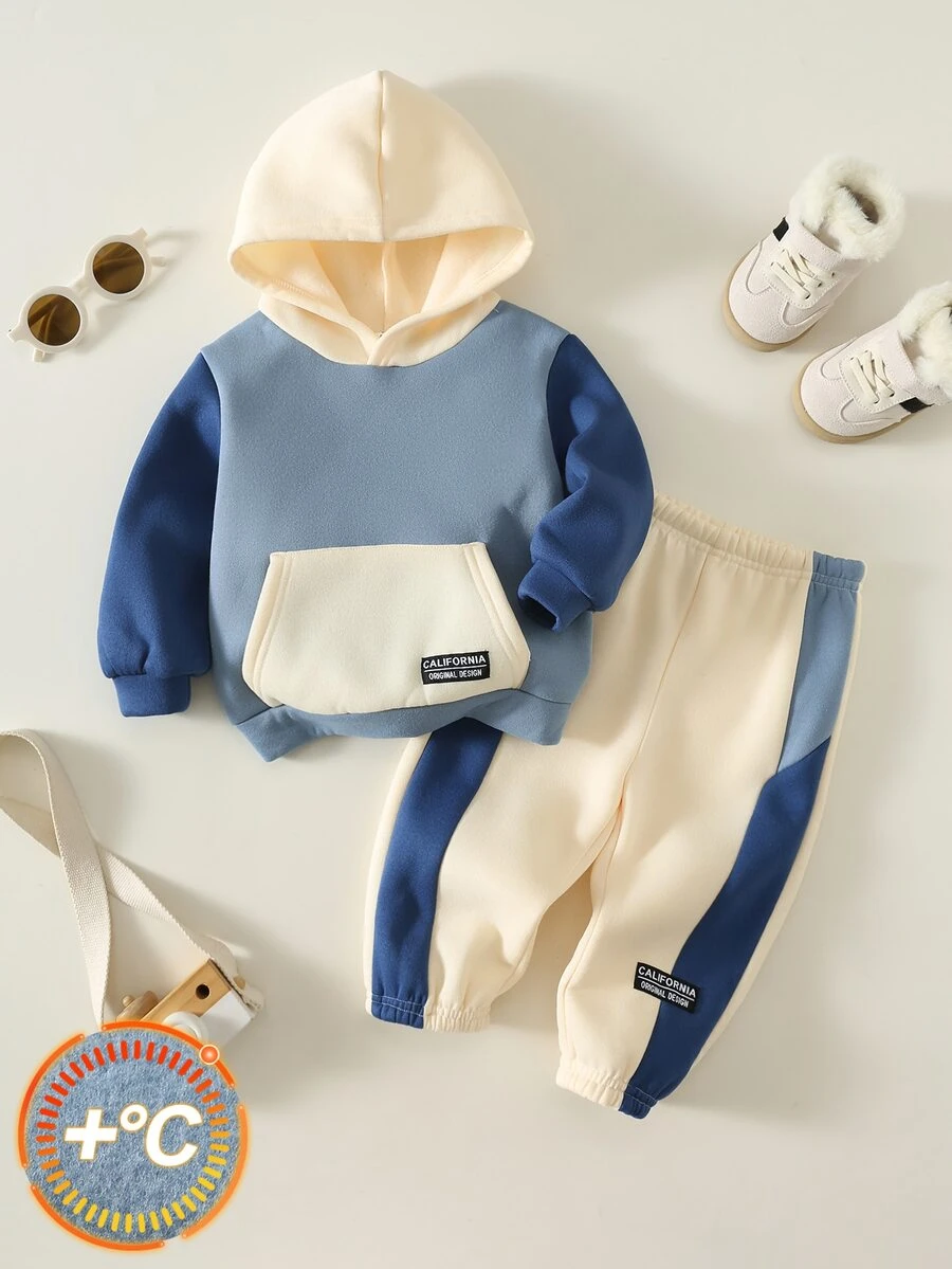 SHEIN 2pcs Baby Boy Autumn/Winter Casual Knit Soft Round Neck Long Sleeve Pullover Sweatshirt & Pants Set, Color Block Outfit, Blue Set, Pullover Sweatshirt Set, Infant Set, Autumn/Winter Set - Multicolor - View 1