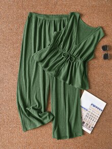 CosyJoli Plus Size Casual Vacation Striped Sleeveless A-Line Doll Shirt And Straight Leg Casual Pants 2 Pieces Set - Green - View 3