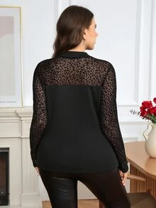 Comfylo Plus Size Women's Long Sleeve Semi-High Neck Fitted Velvet Leopard Print Patchwork Inner Layer Top, Soft And Comfortable Casual Wear For All Seasons - Black - View 2
