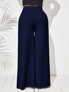 SHEIN Lady 女款純色拼接設計休閒百搭日常穿著長褲 - 藏蓝色 - 查看 2