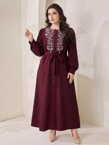 Feyla Plus Size Women's Floral Print Round Neck Long Sleeve Elegant Dress - Burgundy - View 7