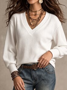 SHEIN LUNE 女款純色V領長袖休閒百搭衛衣 - 白色 - 查看 5