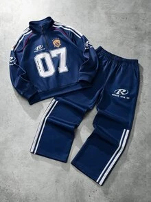 SHEIN 2pcs/Set Boys Casual Streetwear Cool Minimalist Printed Zip-Up Half-Open Collar Pullover Hoodie And Straight Leg Pants Set School Fall - Navy Blue - View 3