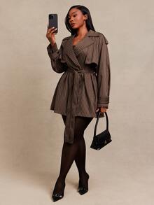 SHEIN SXY Jaket Lengan Panjang Bergaris dengan Kantong, Gaya Streetwear Ukuran Plus - Coklat - View 6
