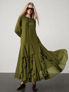 Aveloria Modichic Fall Olive Green Solid Chiffon Round Neck Long Sleeve Dress With Waist Belt Cinched Layered Ruffle Hem Elegant French Party Cocktail Brunch Dinner - Army Green - View 8