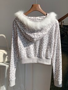 Comfortcana Sweatshirt Wanita Warna Terang Motif Leopard dengan Kerah Bulu dan Resleting - MultiWarna - View 5