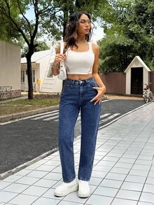 SHEIN PETITE Women's Casual Washed Tapered Jeans Fall - Dark Wash - View 3